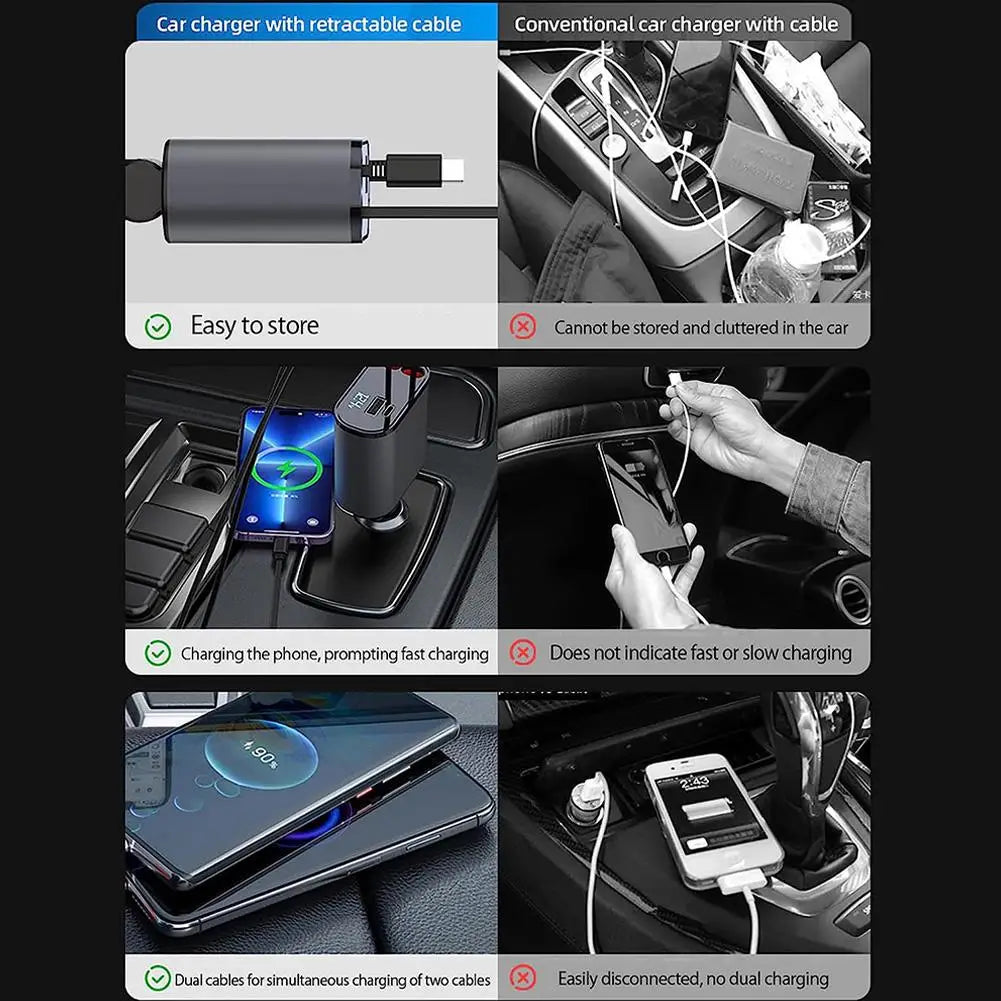 100W 4 in 1 Retractable Car Charger USB Type C Cable for Iphone Fast Cord Cigarette Lighter Adapter