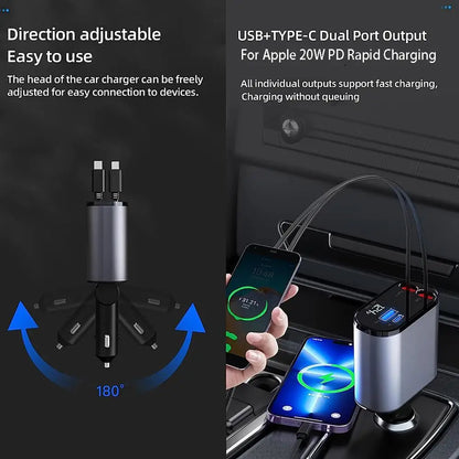 100W 4 in 1 Retractable Car Charger USB Type C Cable for Iphone Fast Cord Cigarette Lighter Adapter