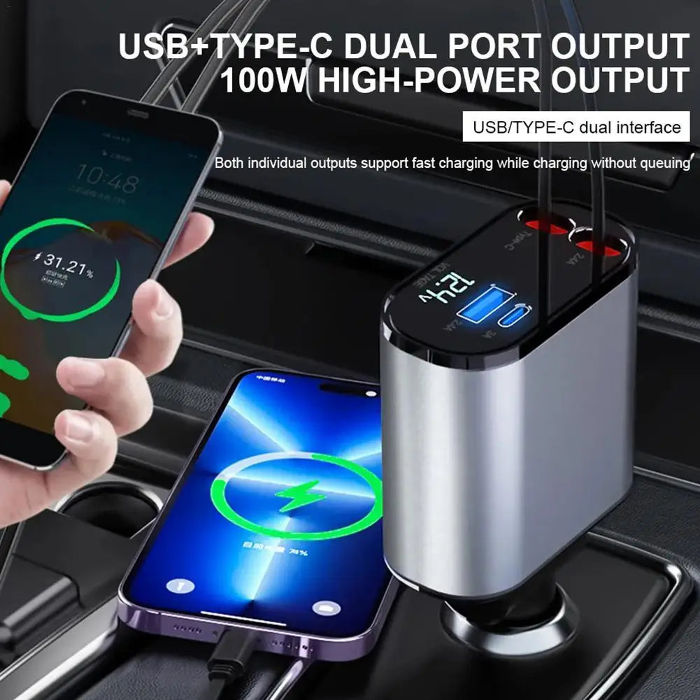 100W 4 in 1 Retractable Car Charger USB Type C Cable for Iphone Fast Cord Cigarette Lighter Adapter