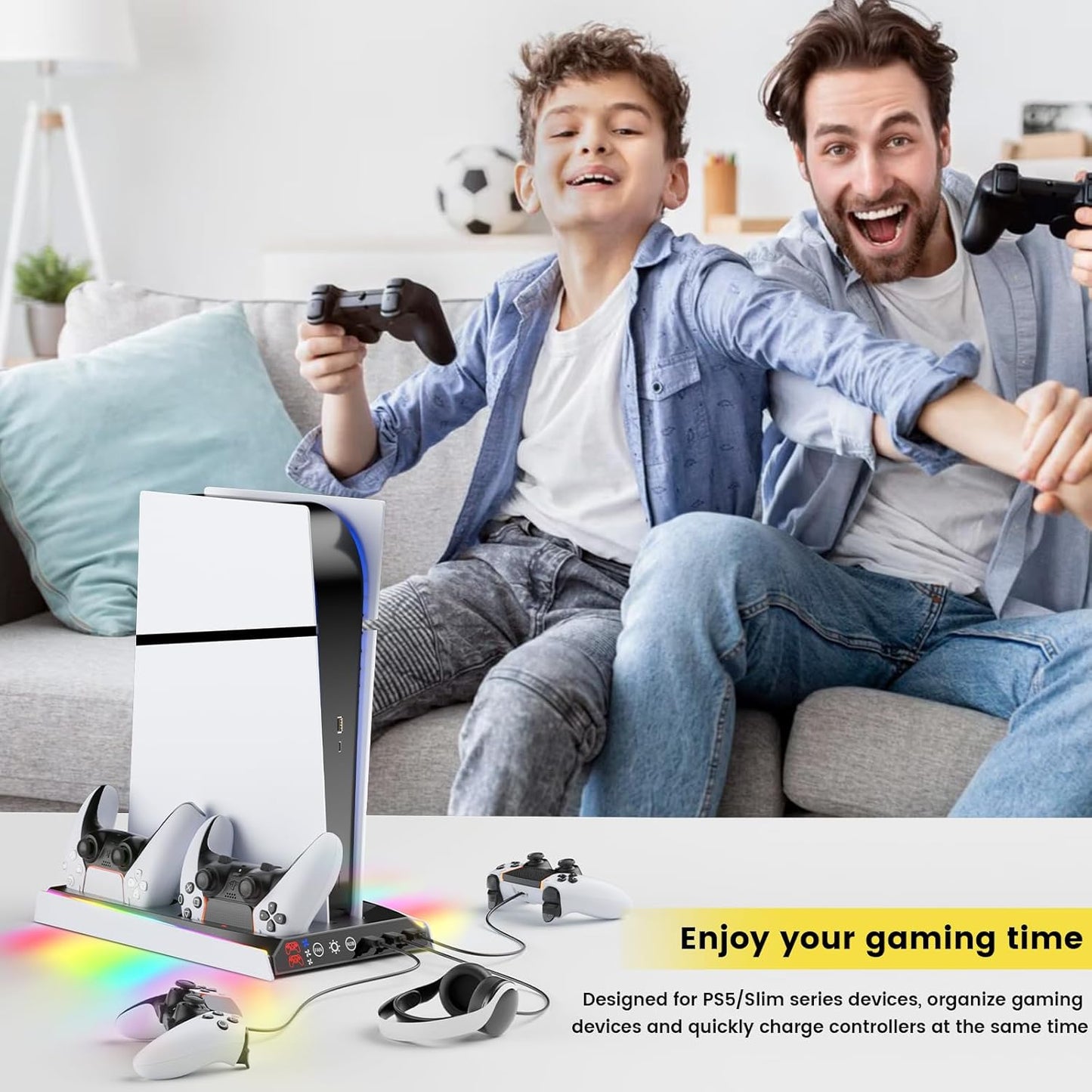 Suporte PS5 — exemplo em ambiente de gaming com PS5 e controllers
