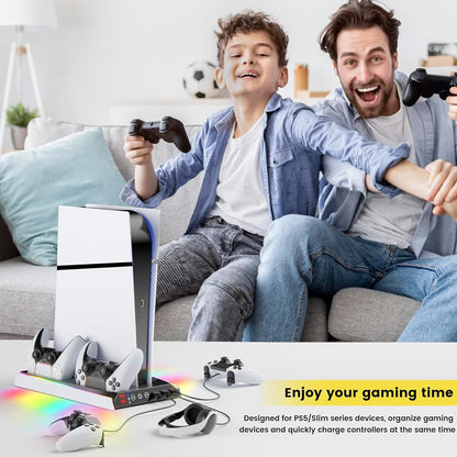 Suporte PS5 — exemplo em ambiente de gaming com PS5 e controllers
