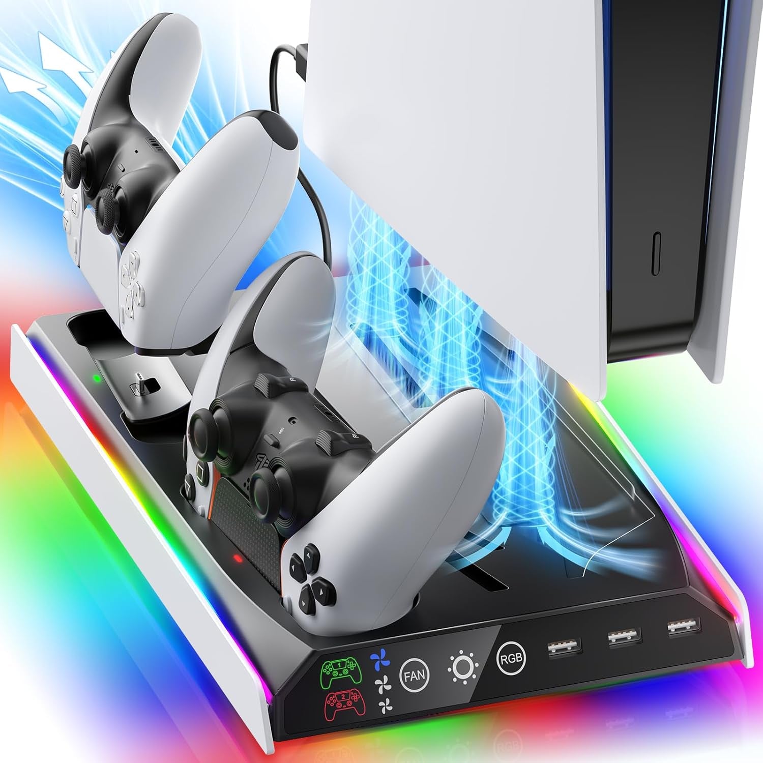 Suporte PS5 — vista frontal com 2 controllers a carregar e luzes RGB
