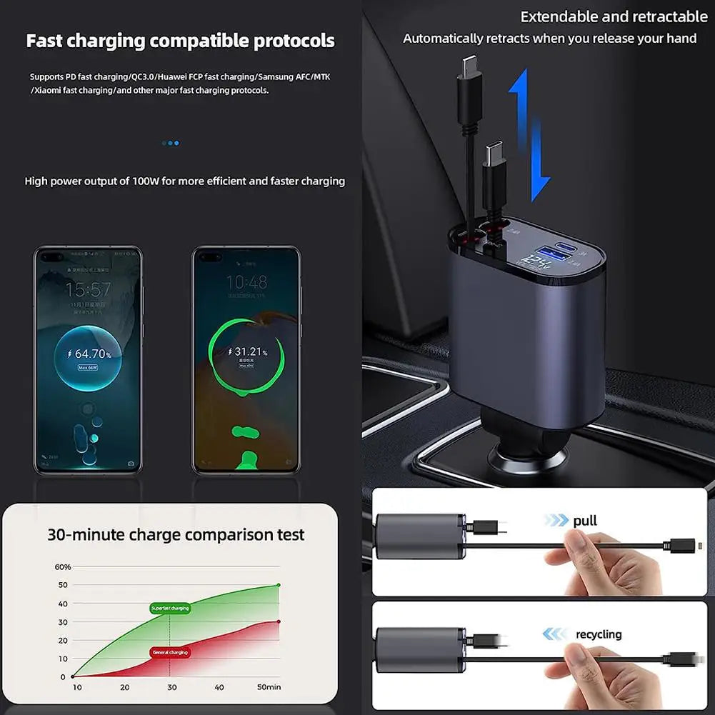 100W 4 in 1 Retractable Car Charger USB Type C Cable for Iphone Fast Cord Cigarette Lighter Adapter