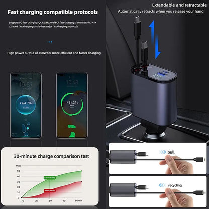 100W 4 in 1 Retractable Car Charger USB Type C Cable for Iphone Fast Cord Cigarette Lighter Adapter