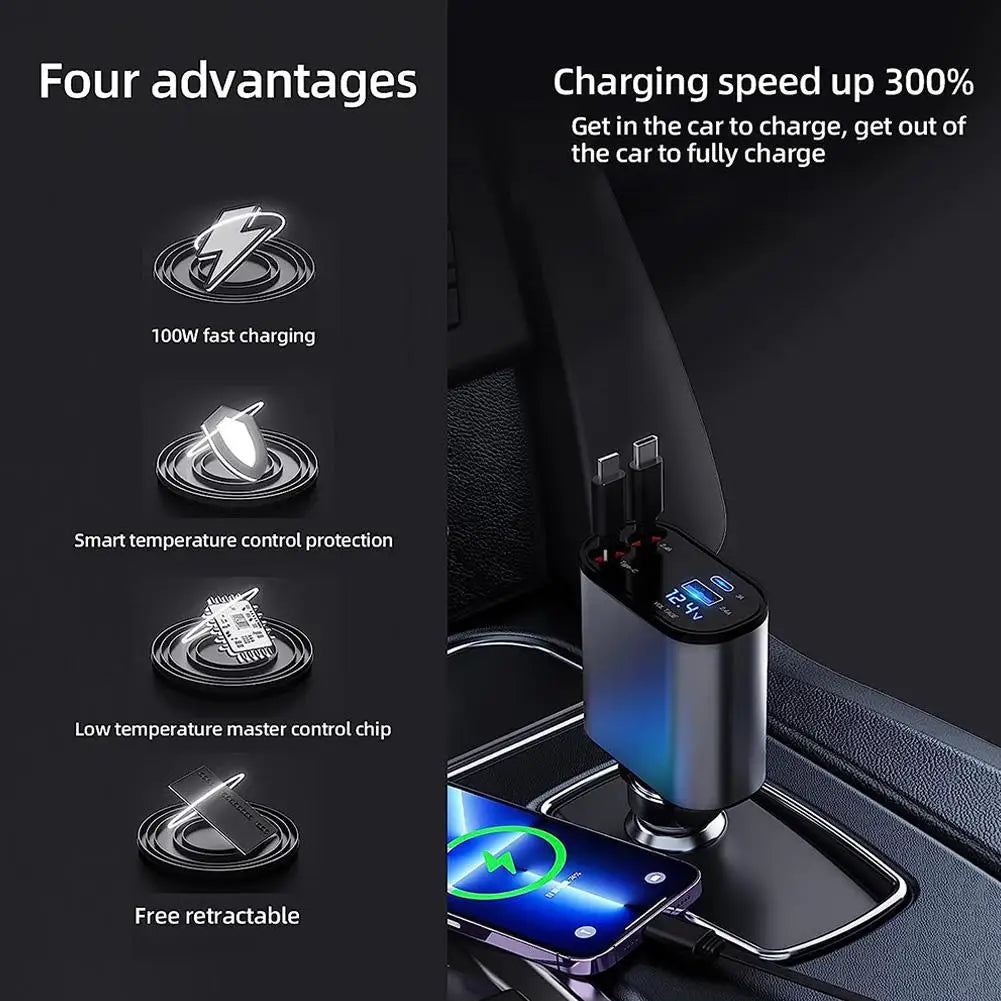 100W 4 in 1 Retractable Car Charger USB Type C Cable for Iphone Fast Cord Cigarette Lighter Adapter