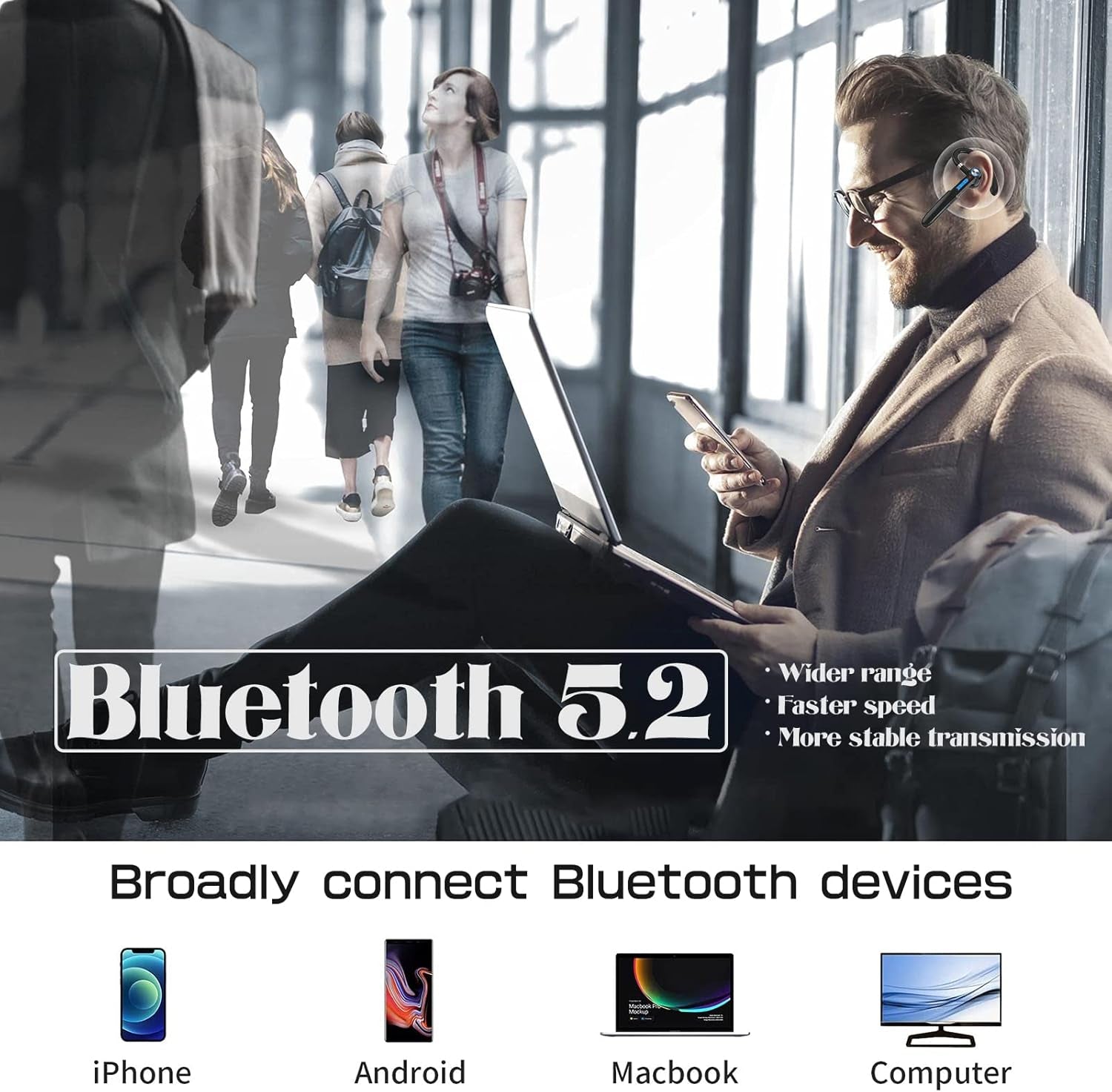 Single-Ear Bluetooth Earpiece with Noise Cancelling – Wireless Hands-Free Headset for Iphone & Cell Phones, Built-In Mic, 10Hrs Battery Life